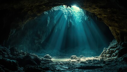 A cave with a blue light shining through it