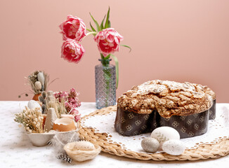 Colomba - Italian traditional Easter bread is topped with pearl sugar and almonds in the shape of a dove. Festive pastries are traditional in Italy.