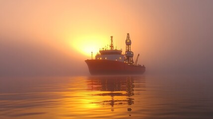 Fototapeta premium A ship silhouetted against a vibrant sunset, surrounded by a misty atmosphere on calm waters