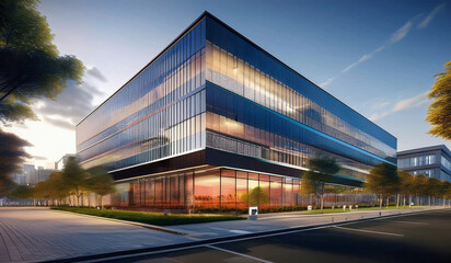 A modern industrial warehouse with a sleek metal exterior, featuring large glass windows and doors for natural lighting. The building has a corrugated metal facade and a clean concrete pavement surrou