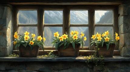 Fototapeta premium Yellow daffodils in rustic window boxes, mountain view