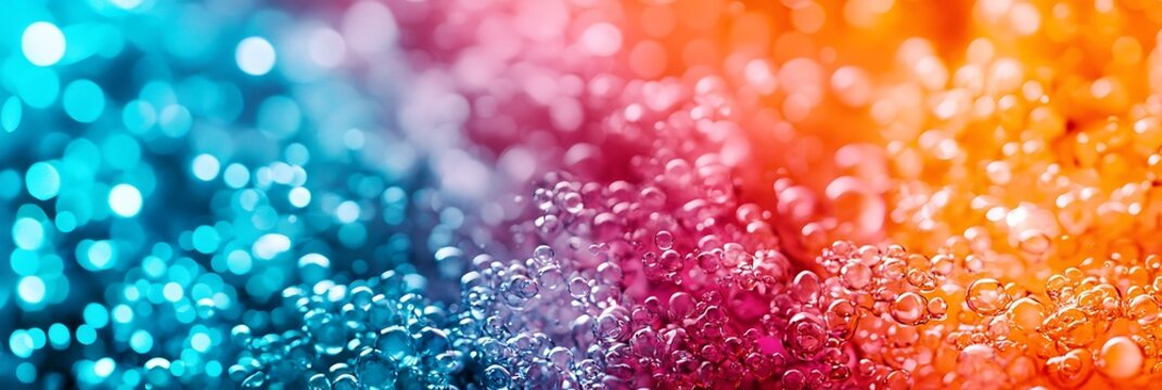 A vibrant abstract image featuring bubbles and colorful gradients of blue, pink, and orange tones.