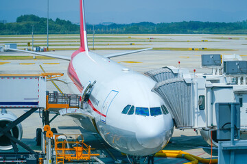 View the cockpit white wide body passenger aircraft stands at the boarding bridge on airport apron,...