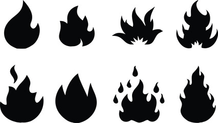 A set of twelve simple, black silhouette fire icons on a white background.