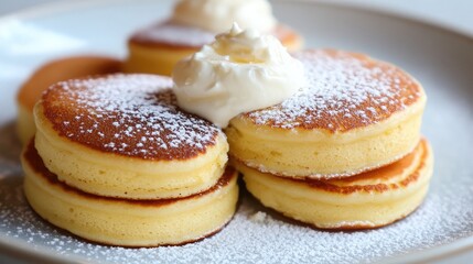 A stack of golden pancakes dusted with powdered sugar and topped with fresh cream on a white background.