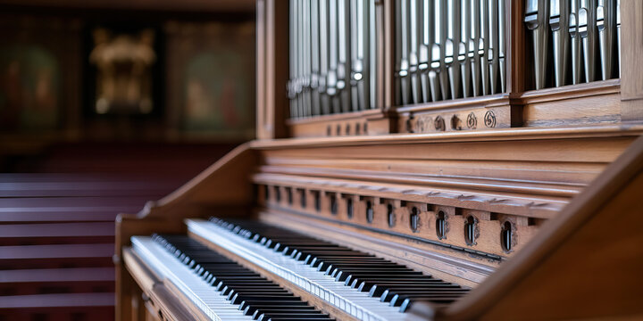 Wooden Pipe Organ with Keyboard and Metal Pipes