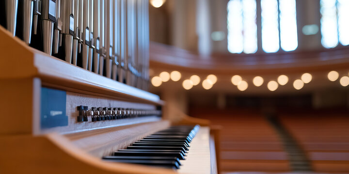 Pipe Organ Keyboard and Pipes in Auditorium
