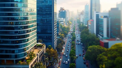 City landscape featuring tall buildings alongside a bustling street scene