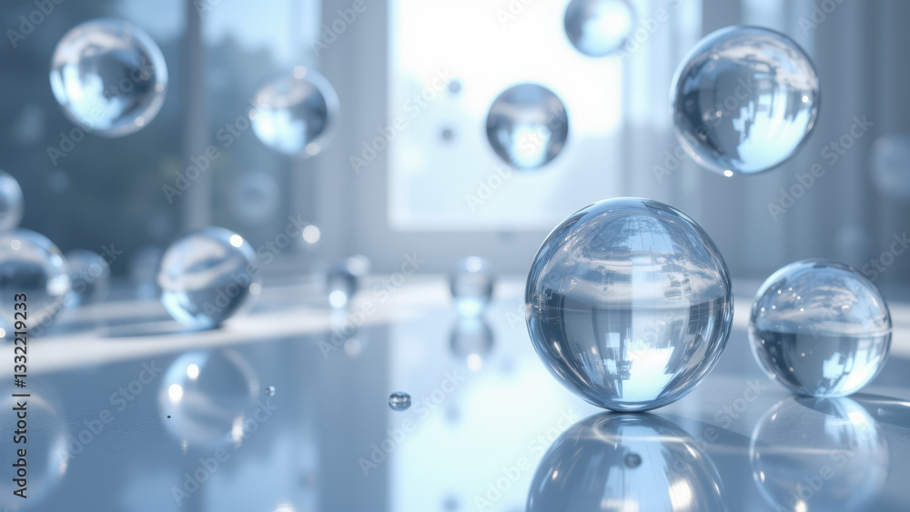Poster this is a high-resolution image showing a close-up of several soap bubbles floating on water with a 