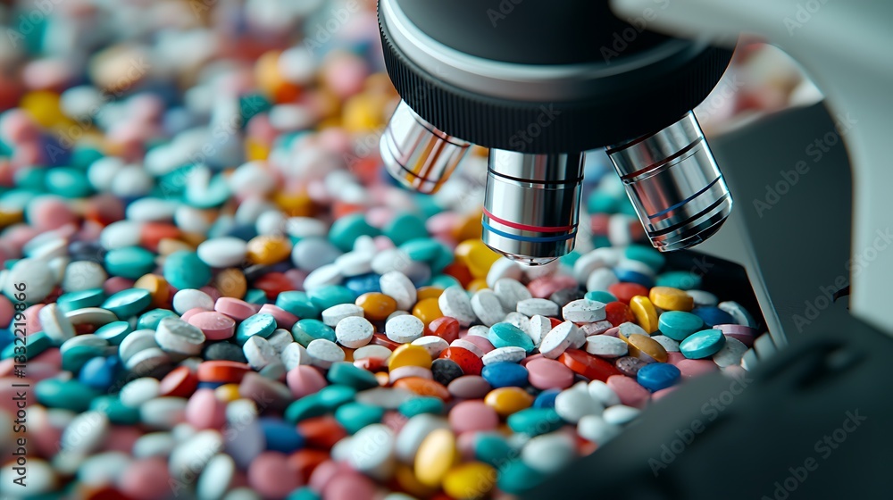Aufkleber a close-up of a microscope examining colorful pills scattered across a surface, highlighting the int