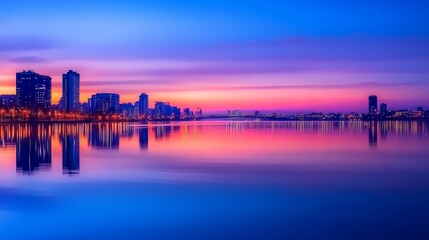 Serene city skyline at dusk reflecting on calm waters with colorful twilight hues