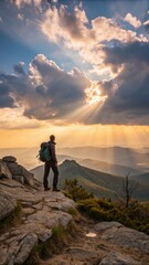 Fototapeta premium Hiker on rocky summit at sunset with rays breaking through clouds.