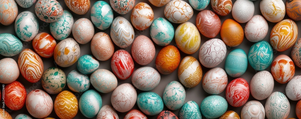 Poster a vibrant array of intricately designed eggs in various colors and patterns, creating a festive and 