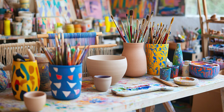Artist's Workspace with Paintbrushes, Ceramics, and Weaving Loom