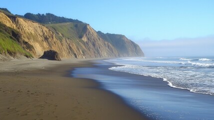 Serene Coastal Cliffs Dark Sand Beach Ocean Waves