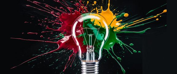 Lightbulb surrounded by red, green, yellow paint splashes on black background, symbolizing creativity, innovation, and bright ideas