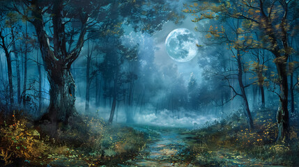 Mysterious forest with a moonlit path, fog, and a Halloween backdrop.