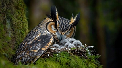 Fototapeta premium Owl Nurturing Young in Forest Nest
