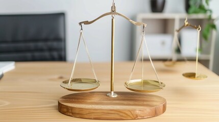 Balanced scale symbolizing justice and fairness on wooden desk, representing impartiality and legal equality in courtroom setting. Concept of law and order.