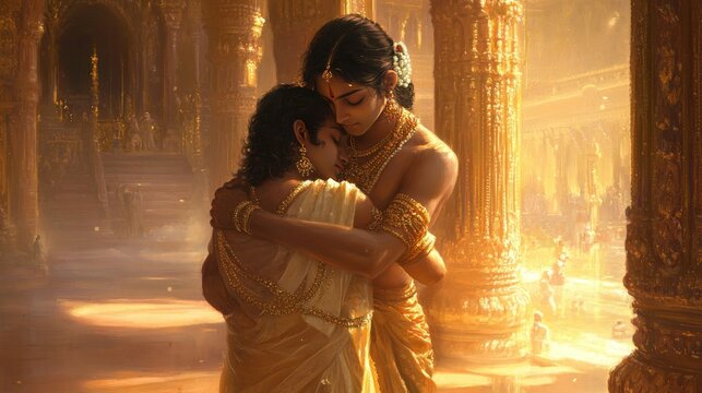 Krishna embracing Sudama in a grand palace, Sudama looking humble with a small cloth bundle