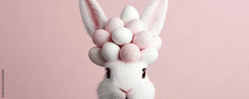Poster a whimsical rabbit adorned with pastel-colored eggs on its head against a soft pink background, crea