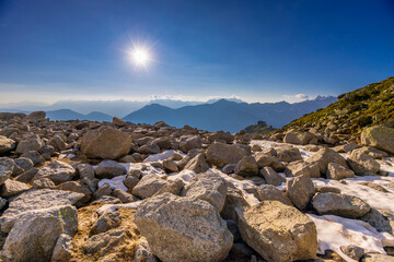 Aiguilles de Chamonix rocky granite mountain peaks in french Alps around Mont Blanc summit in...