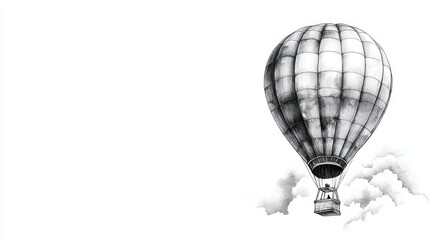 Obraz premium A monochrome illustration of a hot air balloon ascending with clouds.
