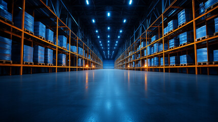 empty warehouse with metal shelves illuminated by blue lighting, creating calm and spacious atmosphere. organized layout enhances industrial feel