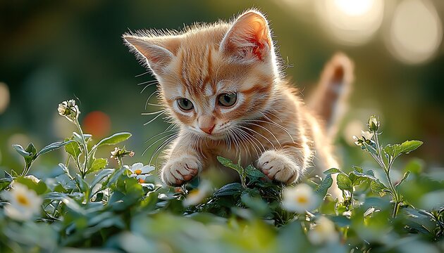 Ginger Kitten Exploring Garden Flowers