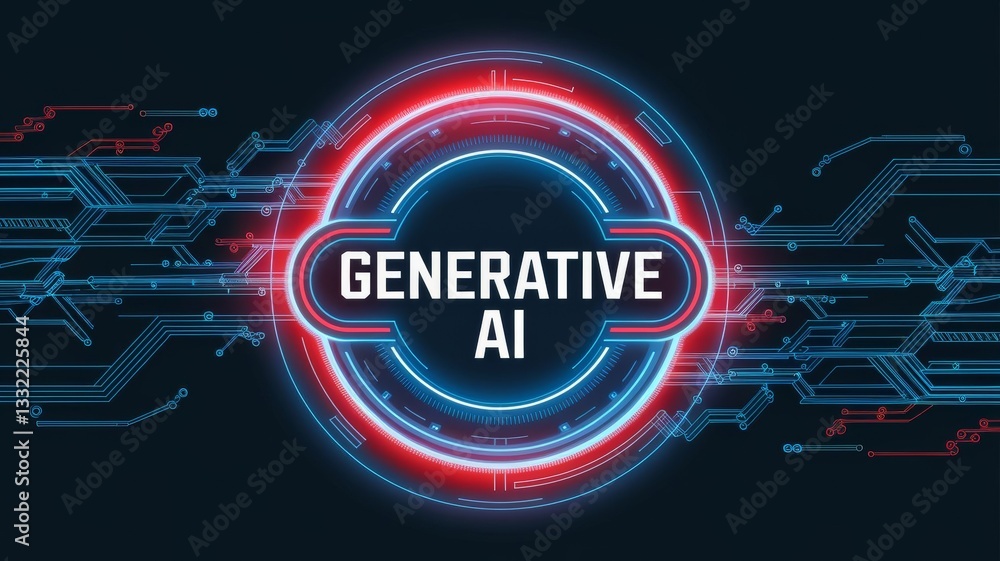 Poster generative ai technology futuristic abstract digital art background red blue neon circuit board line
