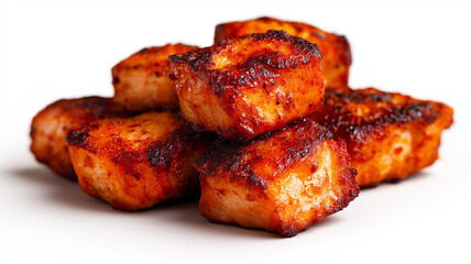 Baked chicken meat cubes stacked on white background, showcasing crispy exterior and juicy interior, perfect for delicious meal or snack