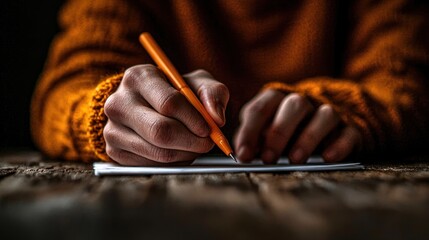 Hands writing on paper at wooden table, focus on hands