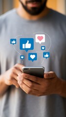 Man Using Smartphone Social Media Likes Hearts Mobile Phone Screen Digital Technology Online Interaction Communication Network Connection Modern Technology Wireless Device Internet Social Networking 