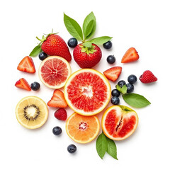 Fresh and vibrant fruit medley with an assortment of sliced citrus fruits strawberries blueberries and kiwis arranged on a white background for health and wellness themes