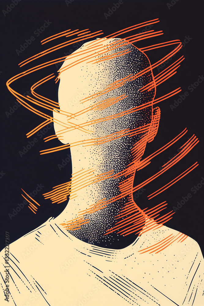 Poster Conceptual Portrait: A faceless individual is rendered with textured strokes, encircled by dynamic, radiating lines. The image explores themes of anonymity, identity.