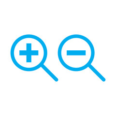 Obraz premium Two distinct blue magnifying glass icons, one featuring a plus and the other a minus sign, for digital interface scaling functions.