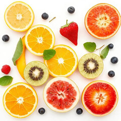 Vibrant assortment of fresh citrus fruits with strawberries blueberries and kiwi on a white background perfect for healthy eating and nutrition concepts
