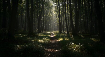 Fototapeta premium Enchanted Forest Path: Sunlight Through Trees in Woodland Scenery
