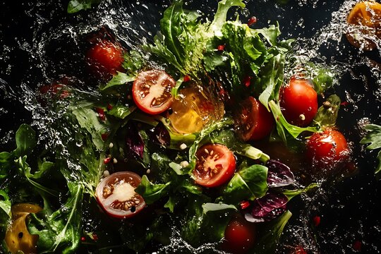 a bowl of salad with water splashing