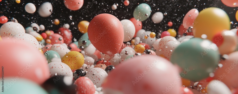 Poster colorful spheres float amidst a dark background, creating a vibrant, dynamic scene filled with energ