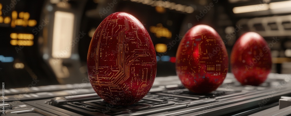 Poster three metallic red eggs with intricate patterns sit on a dark surface, surrounded by a futuristic se