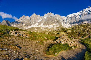 Aiguilles de Chamonix rocky granite mountain peaks in french Alps around Mont Blanc summit in...