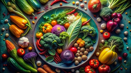 Surreal Top View of Mixed Vegetables on a Plate: Vibrant Colors & Dreamlike Textures
