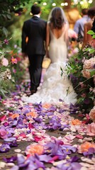 A bride and groom walk hand in hand through a romantic courtyard covered in purple petals, bathed in golden sunset light.