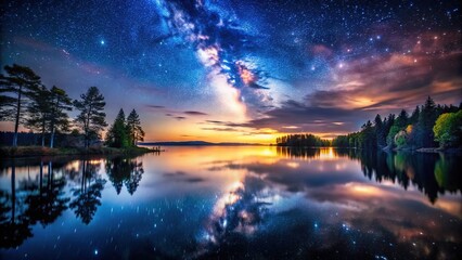 Obraz premium Nightfall's dark lake, shrouded in mystery, mirrored depths.