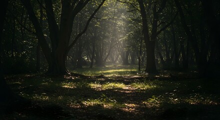 Obraz premium Sunlit Forest Path: Mystical Woods with Sunbeams Through Trees