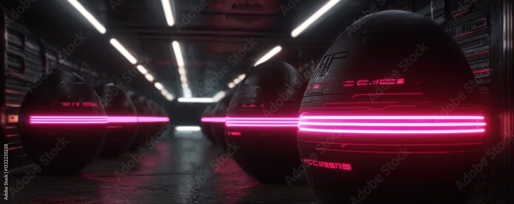 Poster a futuristic hallway featuring spherical objects with glowing pink lines, illuminated by bright over