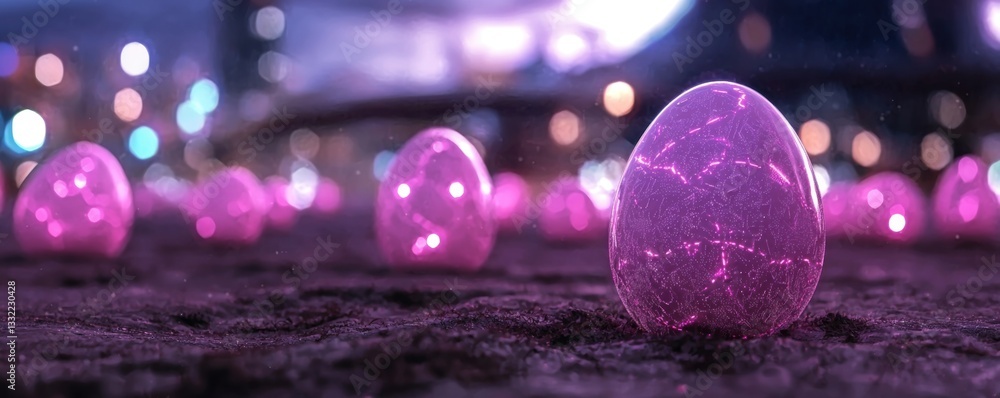 Poster a close-up view of glowing pink eggs scattered on a surface, creating a magical and vibrant atmosphe