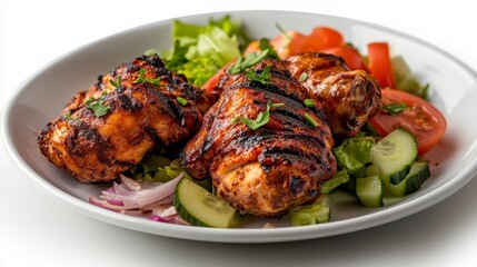 Grilled chicken and fresh salad on a white plate, vibrant colors, appetizing presentation, healthy meal option, culinary delight