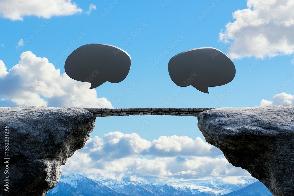 Poster bridging the gap: communication and connection - two speech bubbles hover above a narrow bridge conn